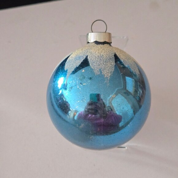 Vintage Shiny Brite Blue Christmas Ornament With Glitter Snow Design - Picture 2 of 3